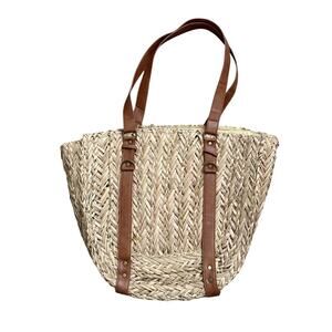 Bay Sky Straw Woven Tote Bag Beige Brown Faux Leather Handles Beach Boho Large